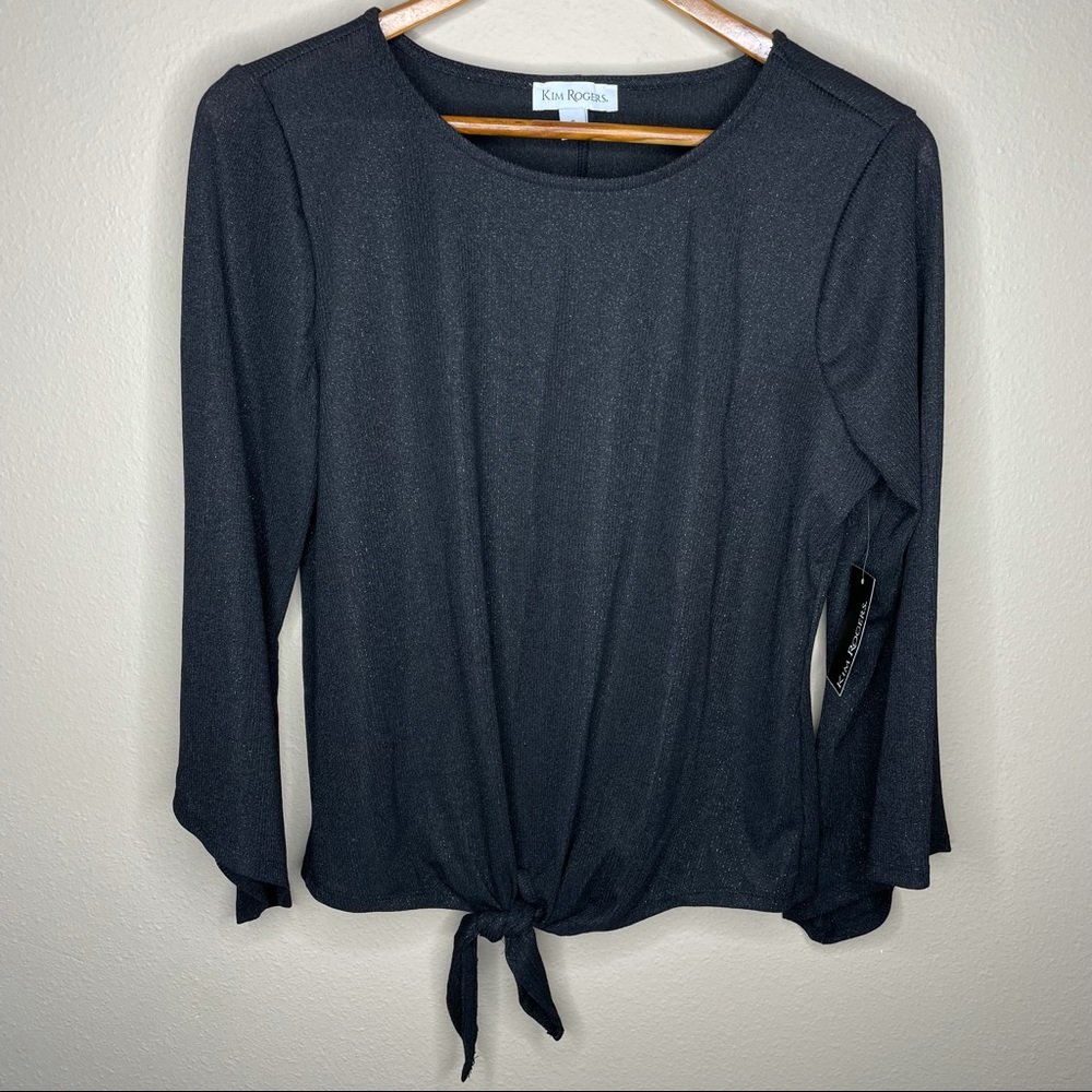 NWT Kim Rogers Black Silver Size Small Flared Sleeves Front Tie Knit Top